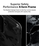 Galaxy S25 Case | Fusion-X - Close-up of a black phone case corner with a reinforced X-design frame against a rocky background.