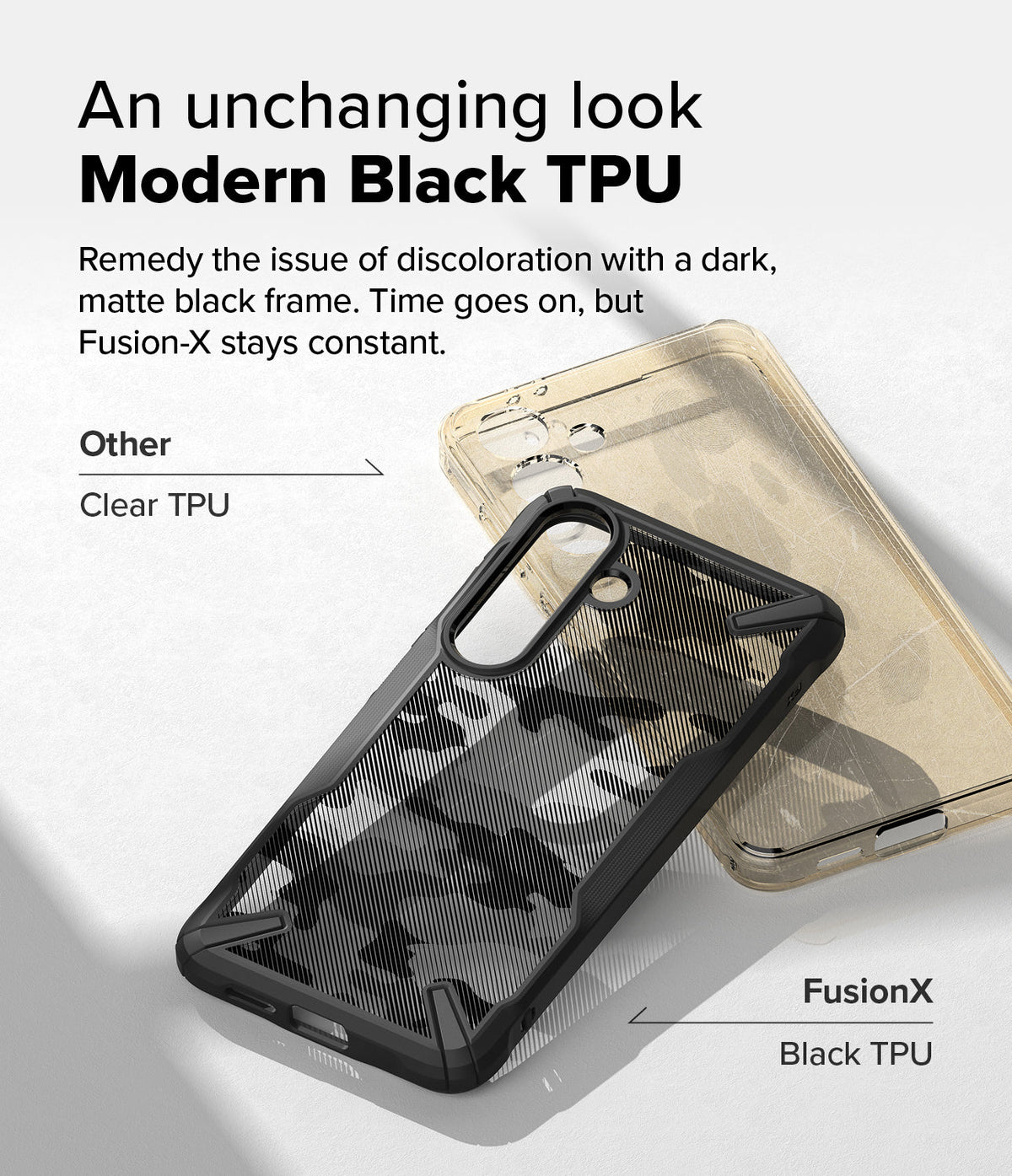 Galaxy S25 Case | Fusion-X - A black Fusion-X phone case compared to a yellowed, discolored clear TPU case on a white background.