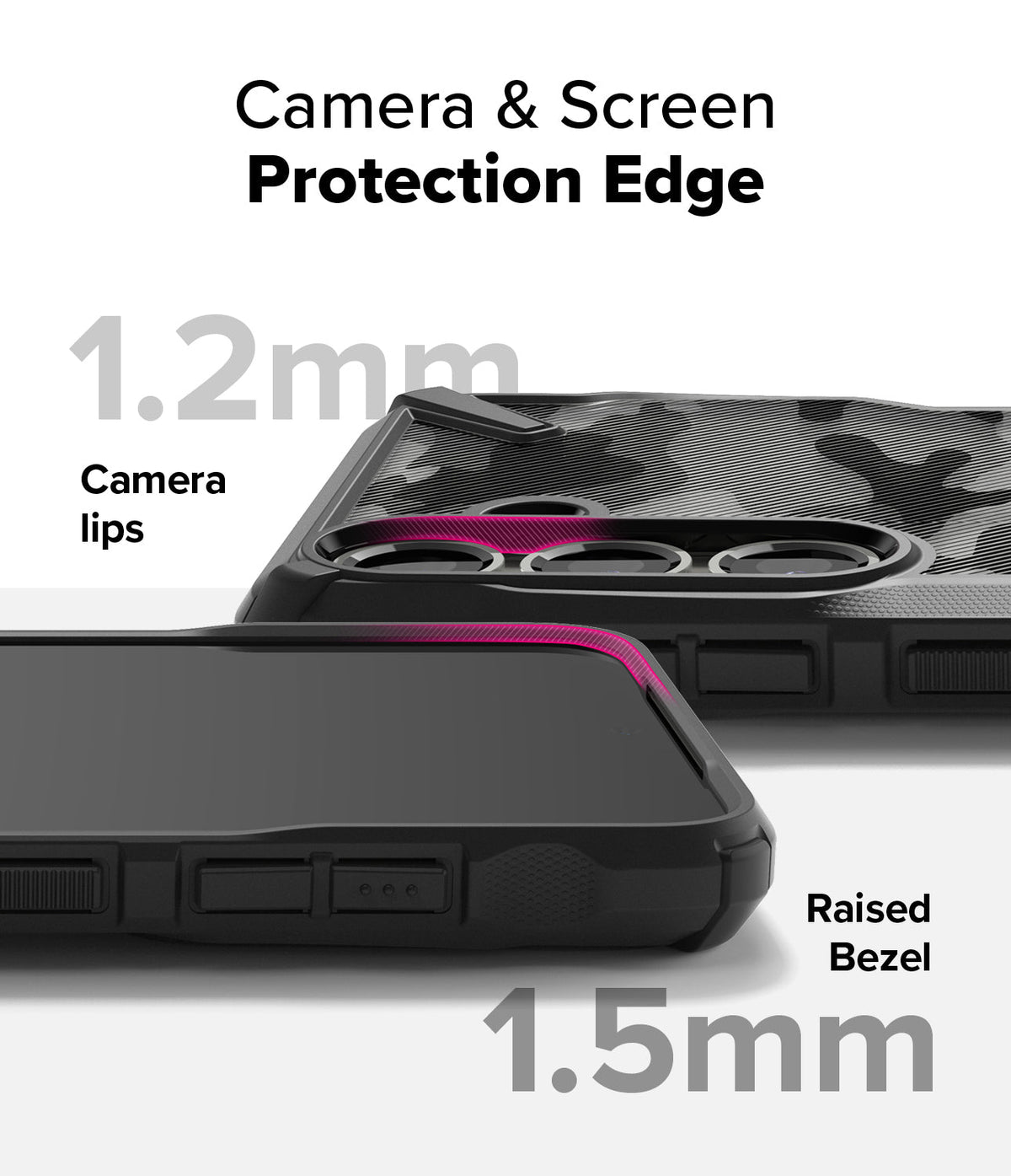Galaxy S25 Case | Fusion-X - Close-up of phone case showing 1.2mm camera lips and 1.5mm raised screen bezel for protection.