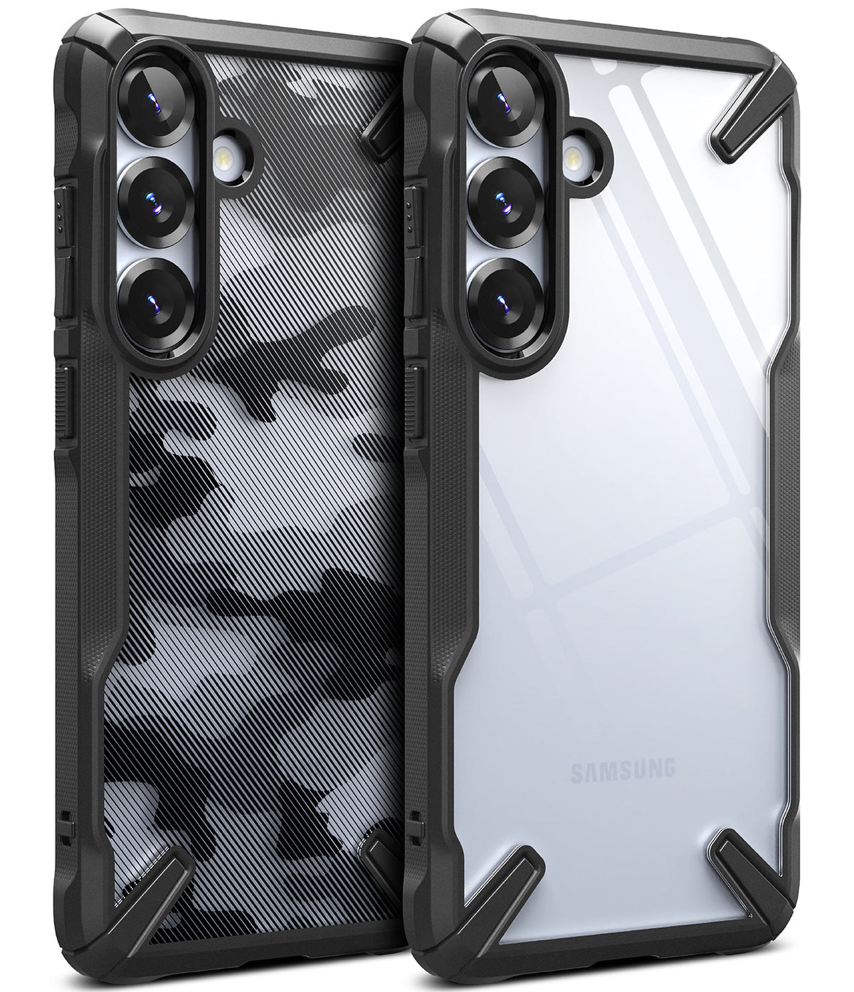 Galaxy S25 Case | Fusion-X - Two rugged phone cases with black bumpers, one with a camo pattern and one clear back.