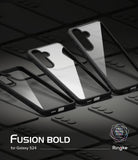 Galaxy S25 Case | Fusion Bold - Three clear phone cases with black frames arranged on a dark, patterned background.