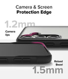 Galaxy S25 Case | Fusion Bold - Close-up of phone case showing 1.2mm camera lips and 1.5mm raised screen bezel for protection.