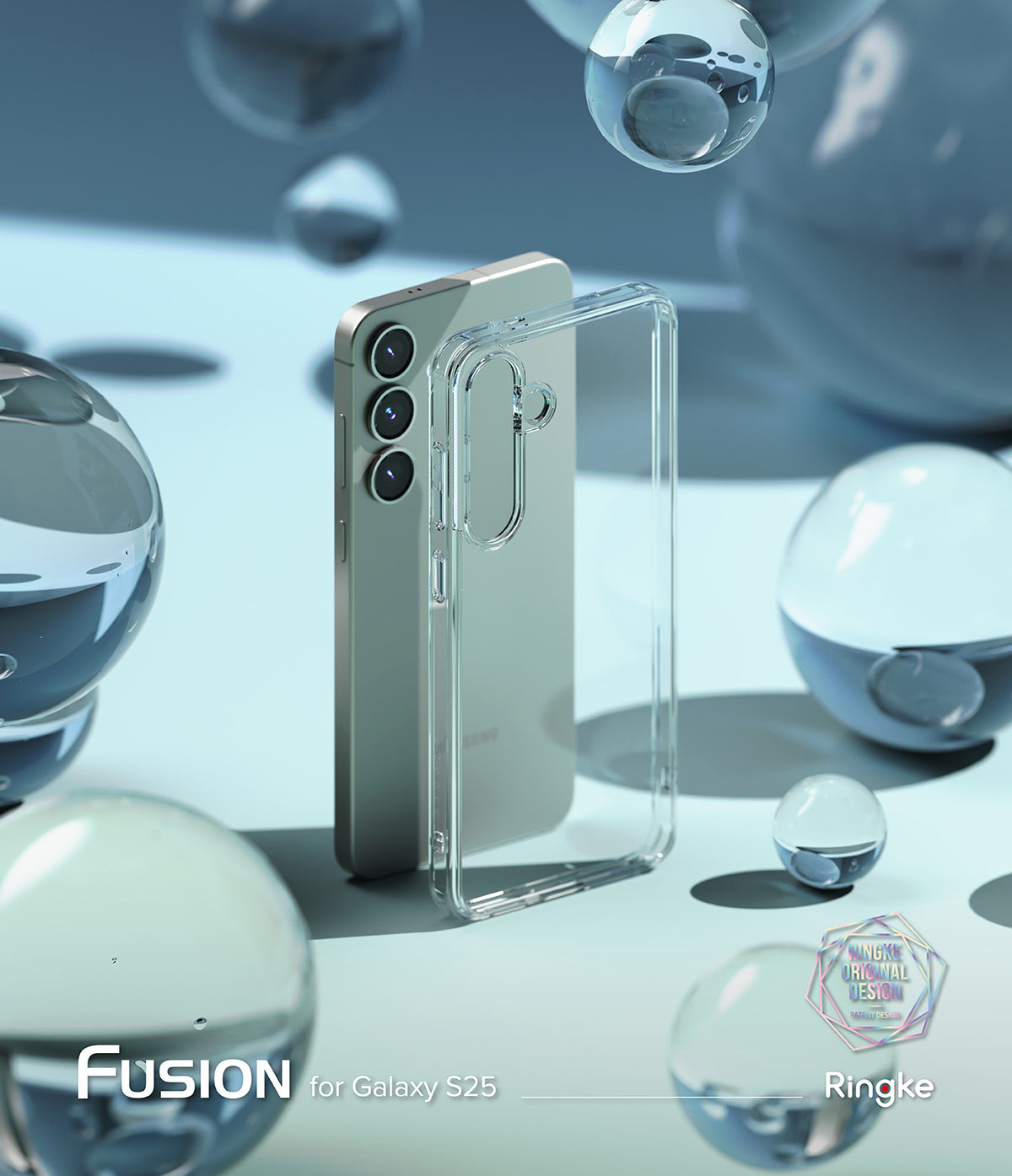 Galaxy S25 Case | Fusion - A clear phone case standing next to a silver Galaxy S25 phone amidst floating glass spheres.
