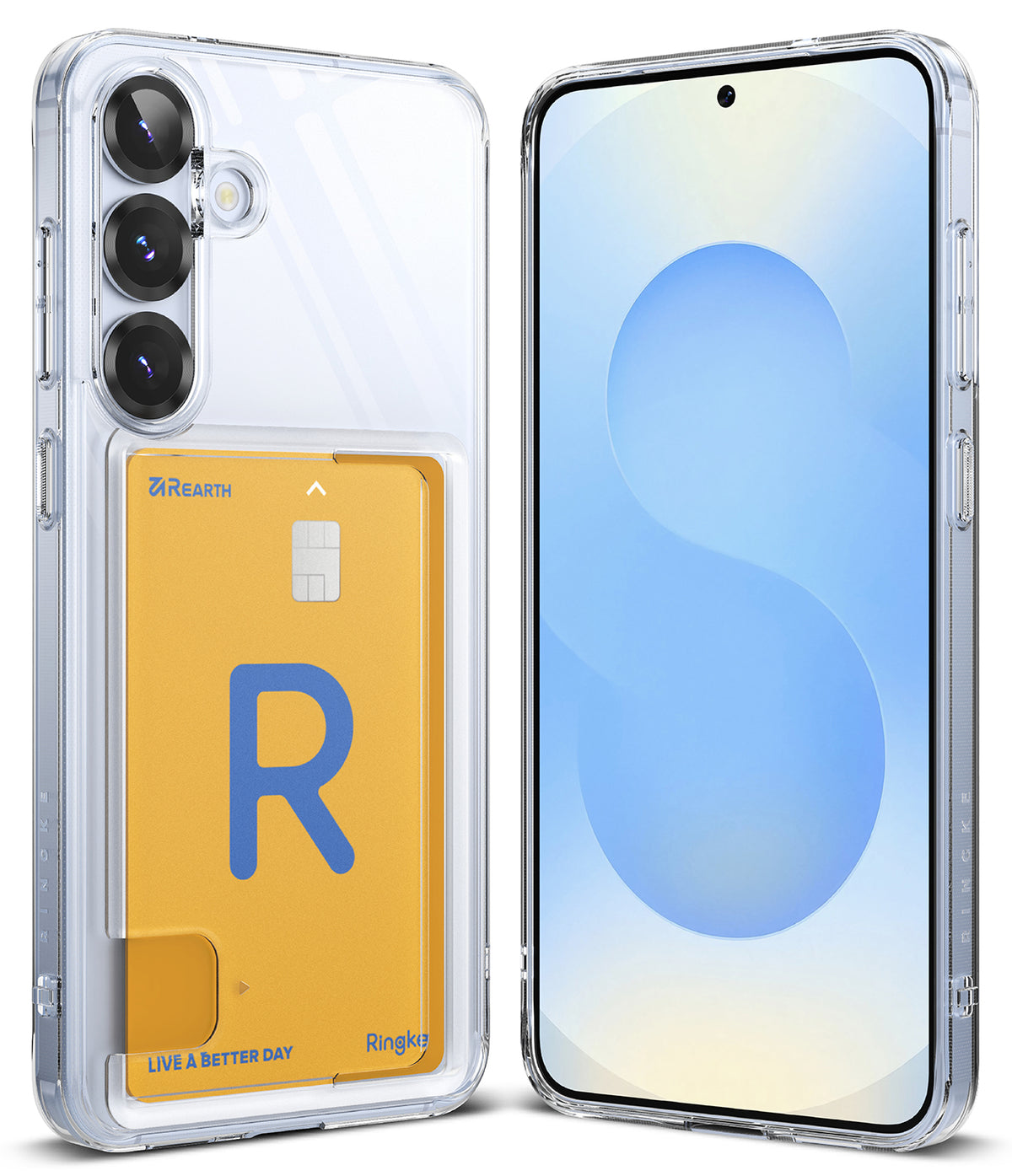 Galaxy S25 Case | Fusion Card - Clear phone case with a yellow card holder on the back and a front view of the screen.