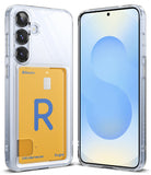 Galaxy S25 Case | Fusion Card - Clear phone case with a yellow card holder on the back and a front view of the screen.