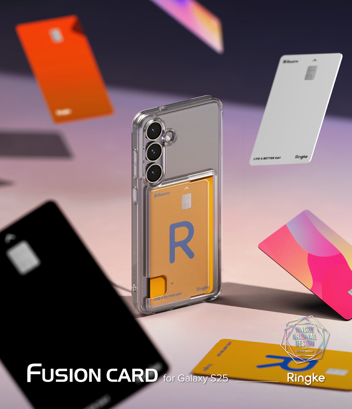 Galaxy S25 Case | Fusion Card - Clear phone case holding a yellow card, surrounded by floating colorful credit cards.