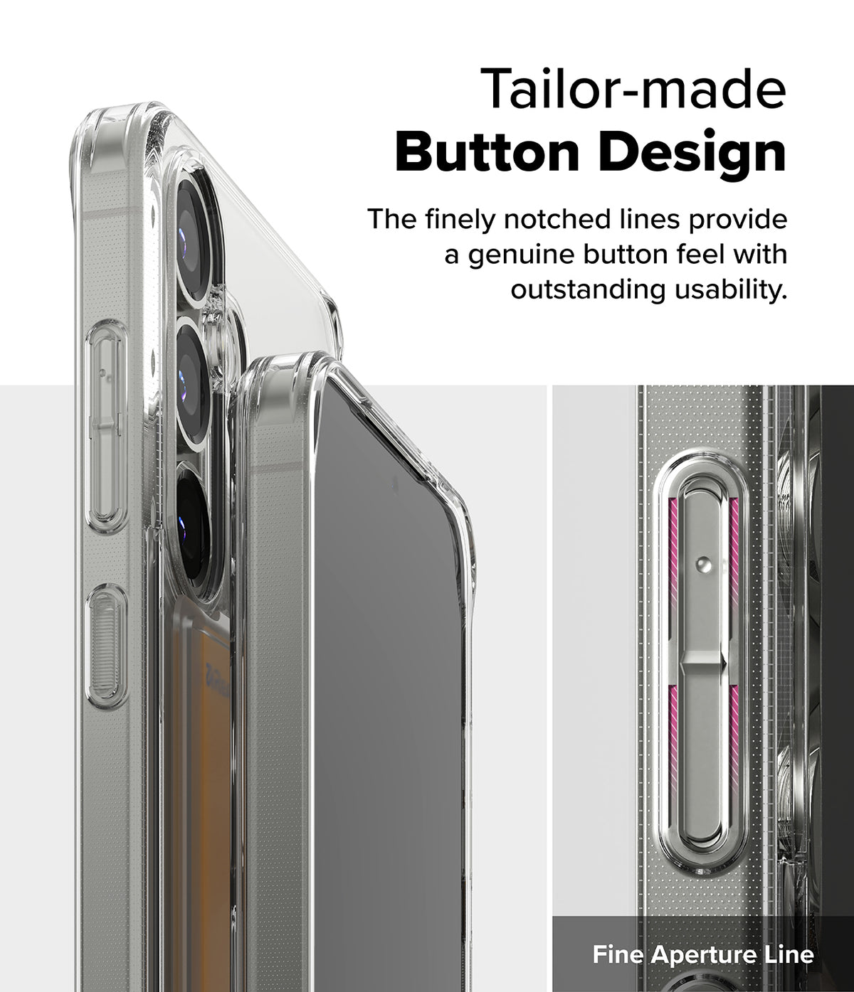 Galaxy S25 Case | Fusion Card - Close-up of a clear phone case showing the notched, tactile button design and fine aperture lines.