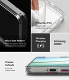 Galaxy S25 Case | Fusion Card - Features showing micro-dot pattern, protective film, wireless charging, and precise cutouts.