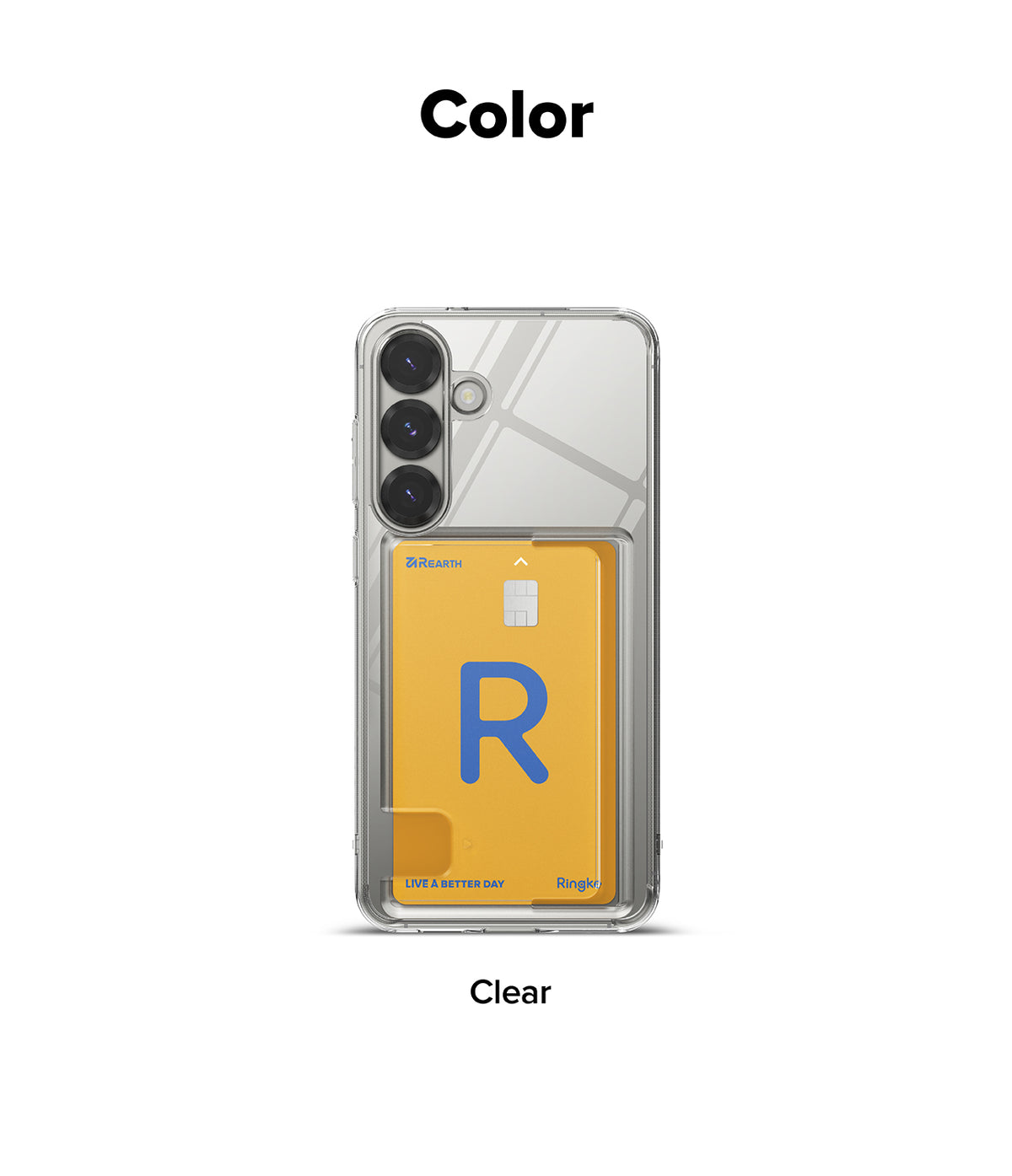 Galaxy S25 Case | Fusion Card - Clear phone case holding a yellow credit card with a large blue R logo on the back.