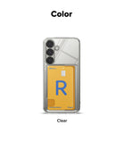 Galaxy S25 Case | Fusion Card - Clear phone case holding a yellow credit card with a large blue R logo on the back.
