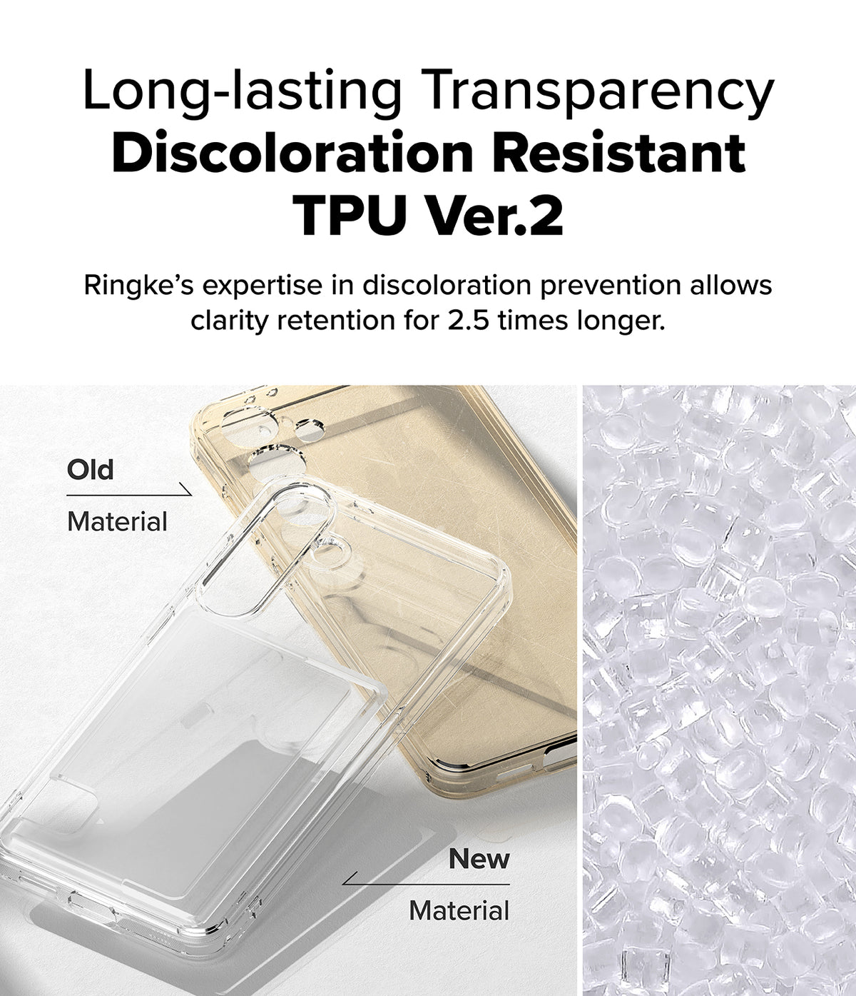 Galaxy S25 Case | Fusion Card - Comparison of yellowed old TPU material versus clear new TPU material for phone cases.