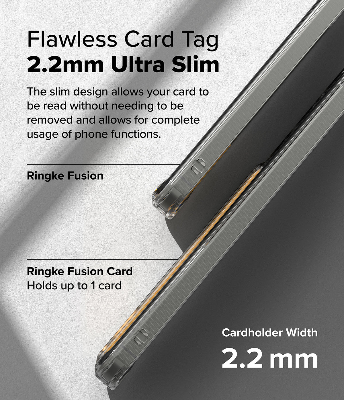 Galaxy S25 Case | Fusion Card - Side view of a slim, transparent phone case highlighting its 2.2mm cardholder thickness.