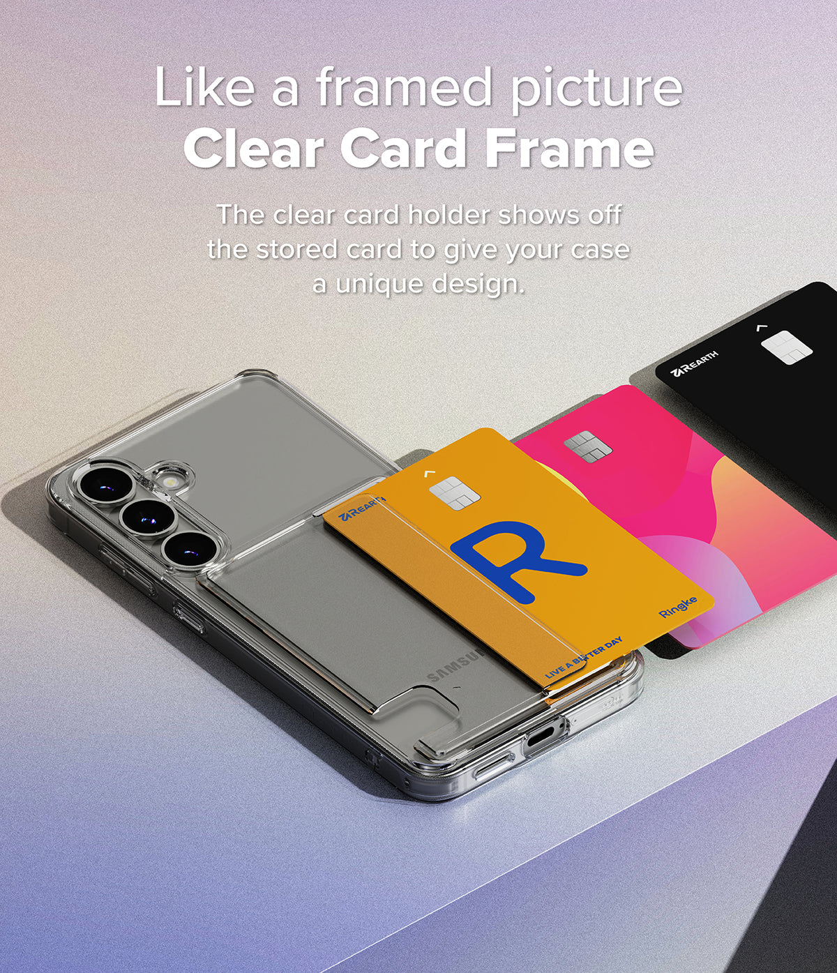 Galaxy S25 Case | Fusion Card - Clear phone case with a card slot holding a yellow card, with two other cards nearby.