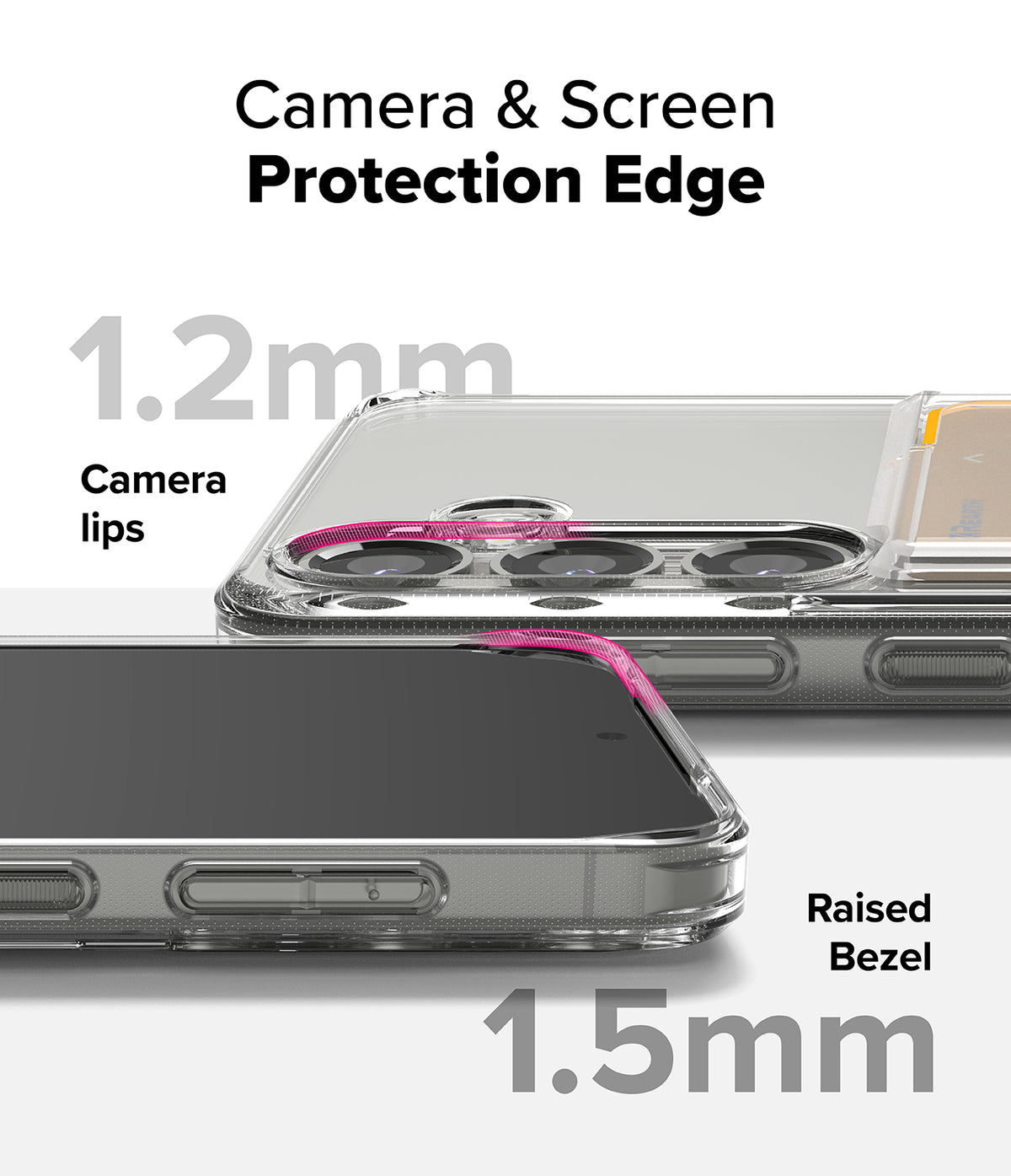 Galaxy S25 Case | Fusion Card - Clear phone case showing 1.2mm camera lips and 1.5mm raised screen bezels for protection.