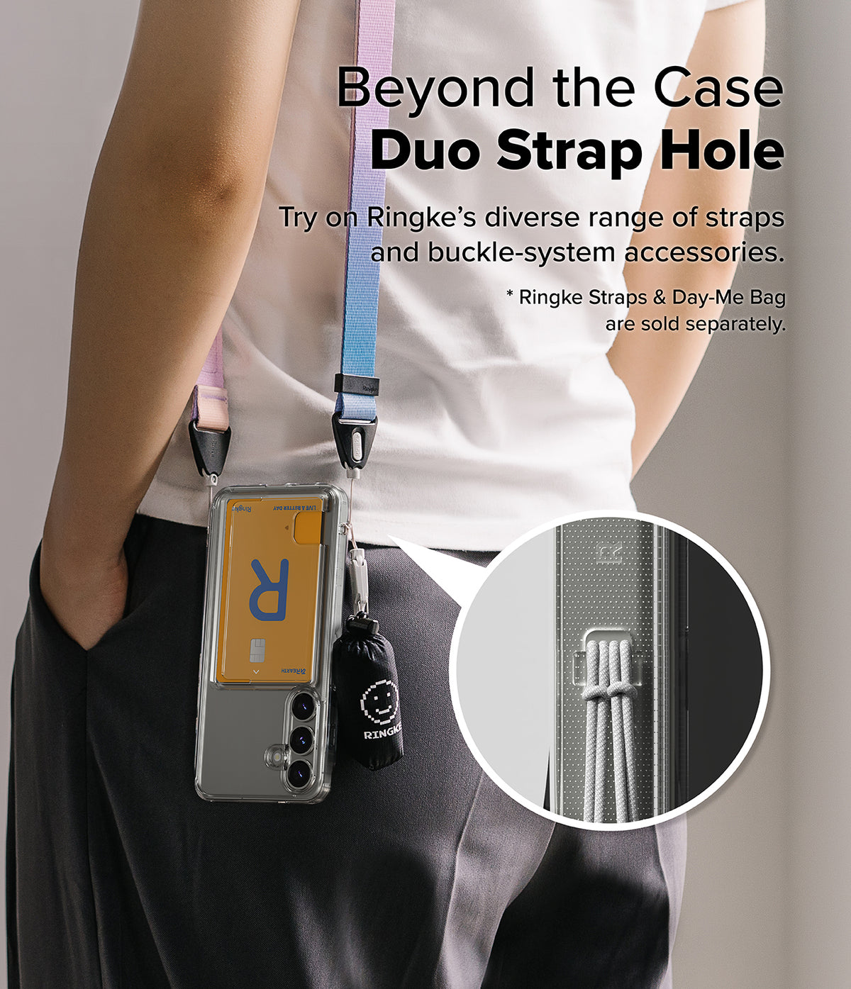 Galaxy S25 Case | Fusion Card - Person wearing a phone case with a card holder and dual straps, featuring a close-up of the strap hole.