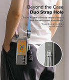 Galaxy S25 Case | Fusion Card - Person wearing a phone case with a card holder and dual straps, featuring a close-up of the strap hole.