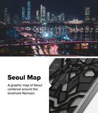 Galaxy S25 Case | Fusion Design - Nighttime Seoul skyline above a phone case featuring a graphic map of Seoul landmarks.
