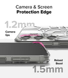 Galaxy S25 Case | Fusion Design - Close-up of phone case showing 1.2mm camera lips and 1.5mm raised screen bezel for protection.