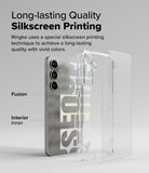 Galaxy S25 Case | Fusion Design - Exploded view of a Galaxy S25 phone and a clear case with interior silkscreen printing.