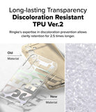 Galaxy S25 Case | Fusion Design - Comparison of yellowed old TPU case and clear new TPU material with raw plastic pellets.