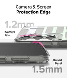Galaxy S25 Case | Fusion Design - Close-up of phone case highlighting 1.2mm camera lips and 1.5mm raised screen bezel protection.