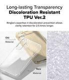 Galaxy S25 Case | Fusion Matte - Comparison of yellowed old TPU case and clear new TPU material with raw plastic pellets.