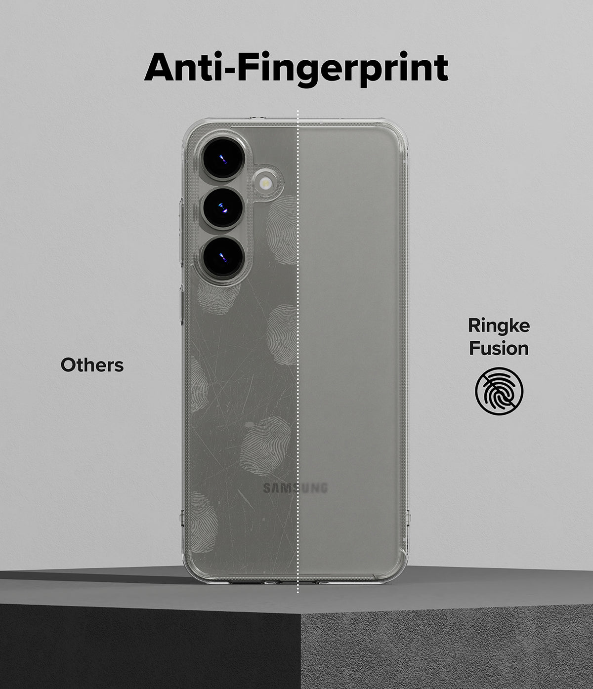 Galaxy S25 Case | Fusion Matte - Comparison showing a fingerprint-covered phone case versus a clean Ringke Fusion matte case.