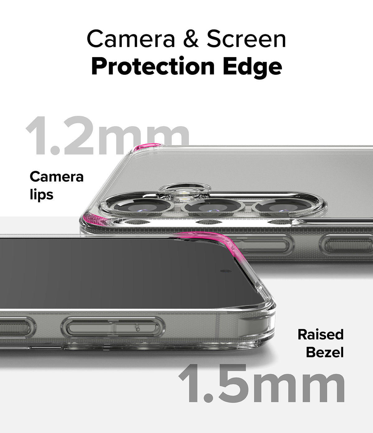 Galaxy S25 Case | Fusion Matte - Close-up of phone case showing 1.2mm camera lips and 1.5mm raised screen bezel protection.