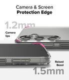Galaxy S25 Case | Fusion Matte - Close-up of phone case showing 1.2mm camera lips and 1.5mm raised screen bezel protection.