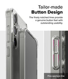 Galaxy S25 Case | Fusion Matte - Close-up of a clear phone case highlighting the notched, tactile button design and aperture.