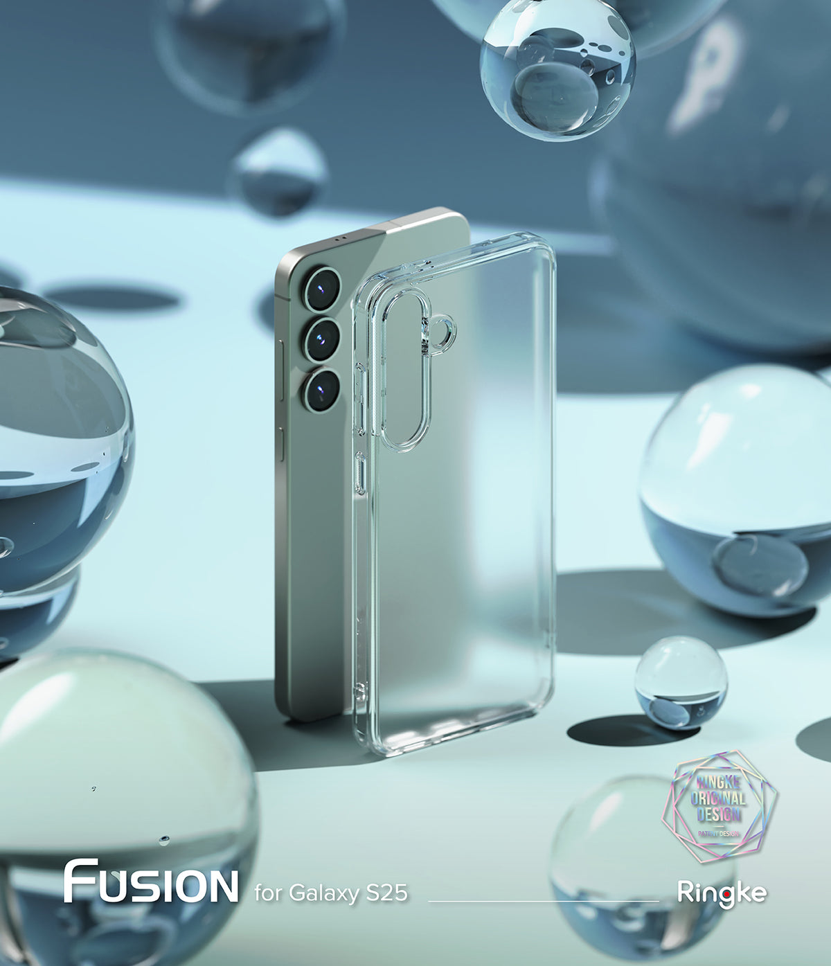 Galaxy S25 Case | Fusion Matte - A matte clear phone case standing next to a Galaxy S25 phone amidst floating glass orbs.