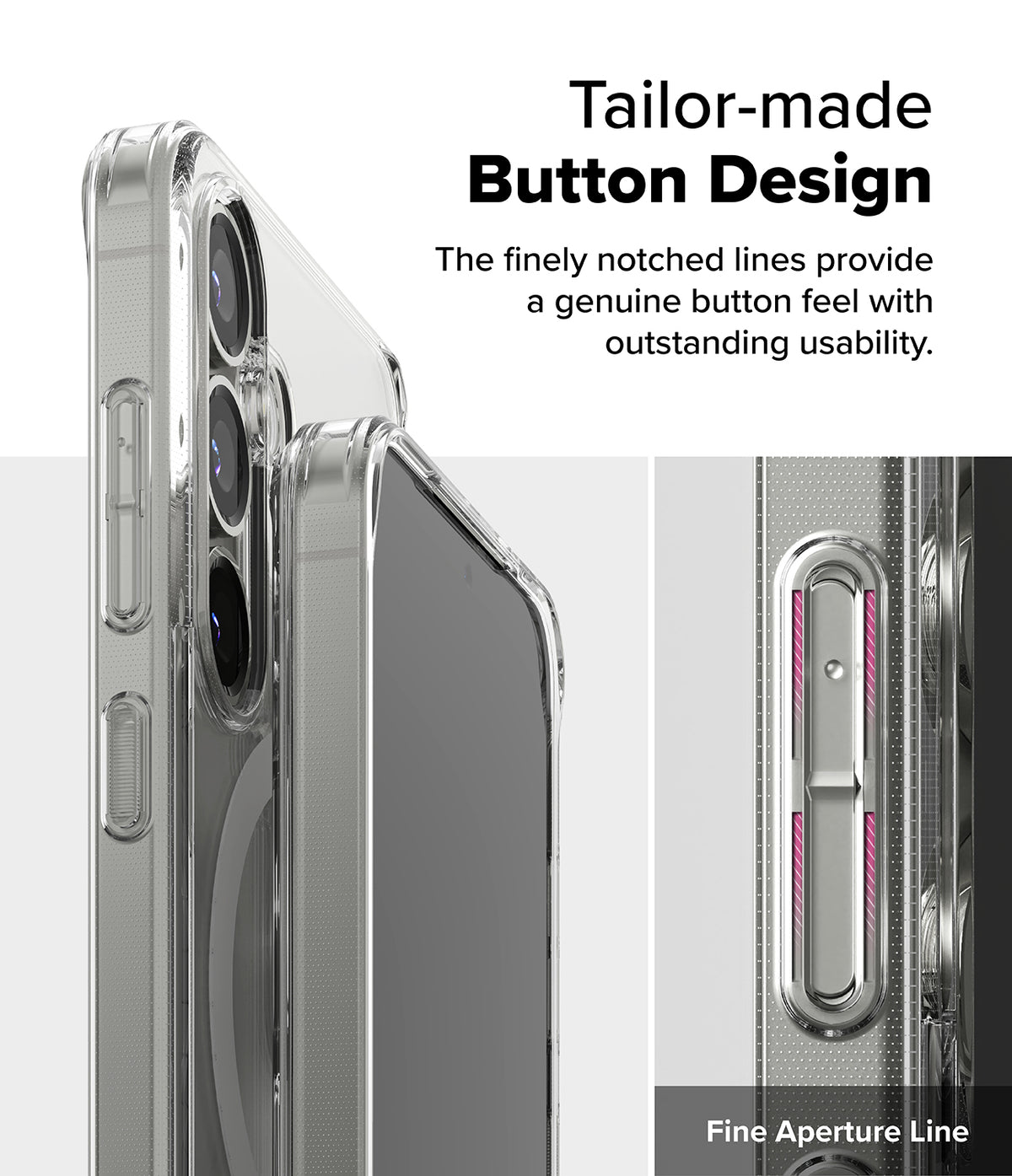 Galaxy S25 Case | Fusion Magnetic - Close-up of a clear phone case highlighting the notched, tactile button design.