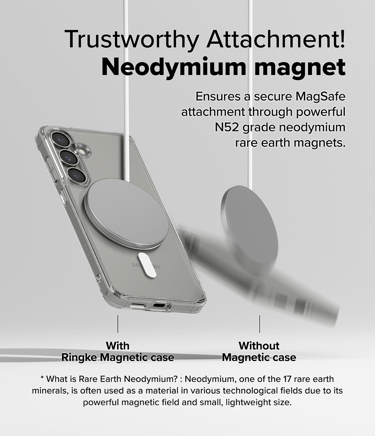 Galaxy S25 Case | Fusion Magnetic - A clear phone case with a magnetic disc attached, contrasting with a falling disc.