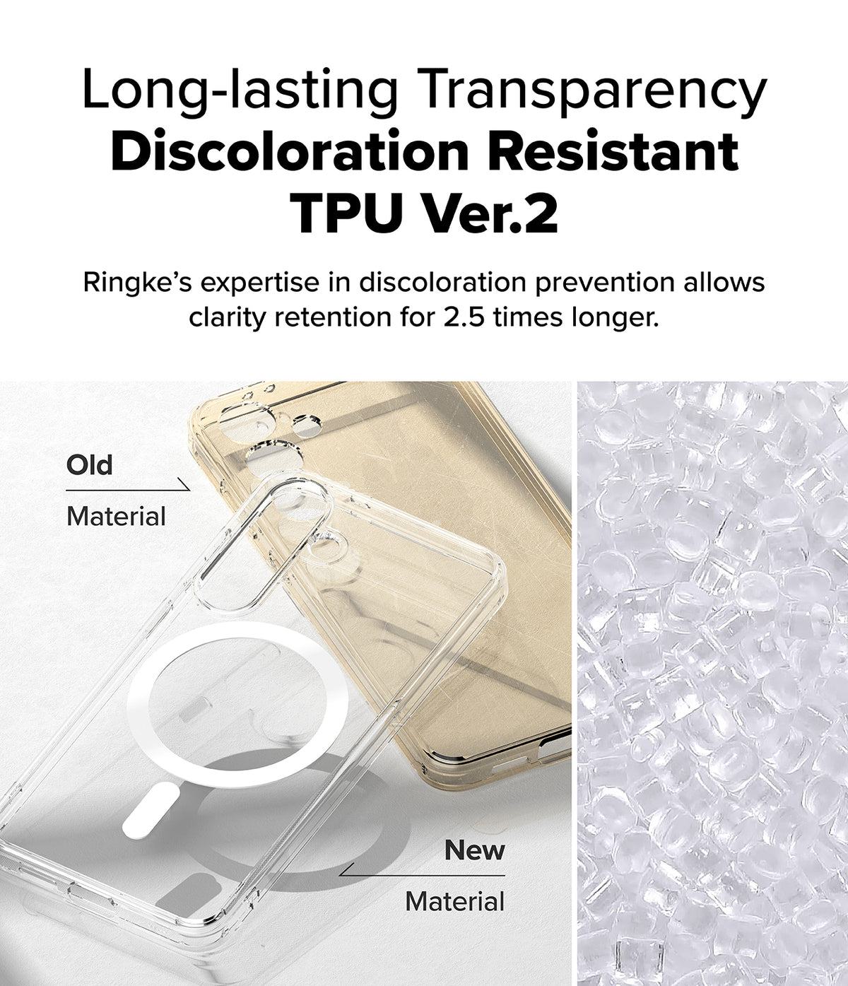 Galaxy S25 Case | Fusion Magnetic - Comparison of yellowed old TPU vs. clear new TPU material for phone case clarity.