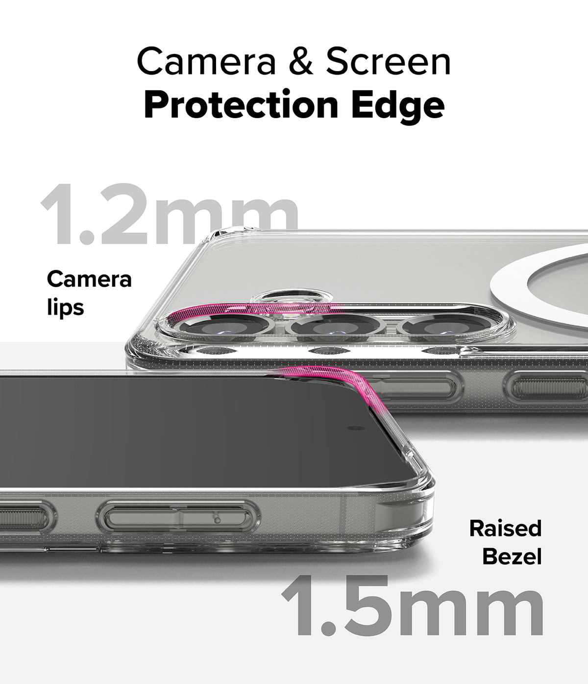 Galaxy S25 Case | Fusion Magnetic - Clear phone case showing 1.2mm camera lips and 1.5mm raised screen bezel protection.
