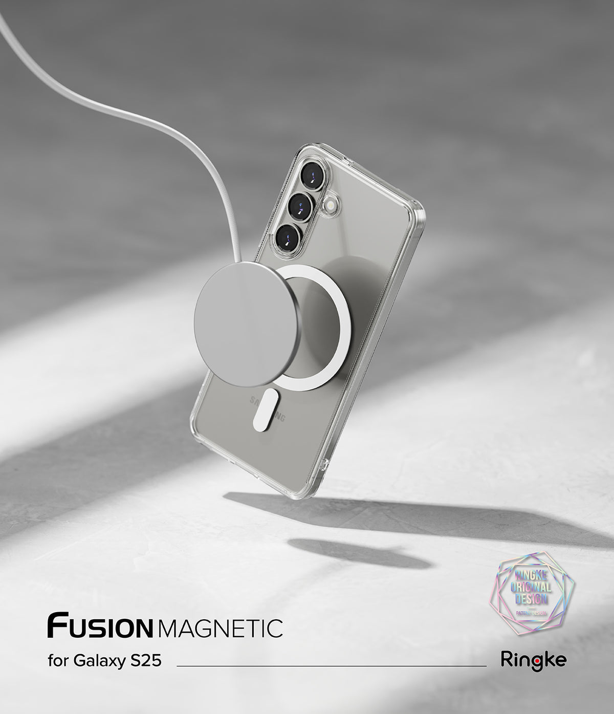 [Bundle] Galaxy S25 | Fusion Magnetic - Clear phone case on a Galaxy S25 charging wirelessly with a magnetic disc.