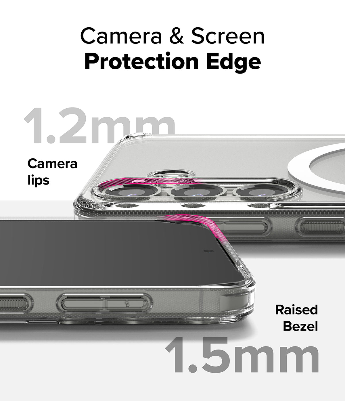 Galaxy S25 Case | Fusion Magnetic Matte - Close-up of phone case showing 1.2mm camera lips and 1.5mm raised screen bezel.