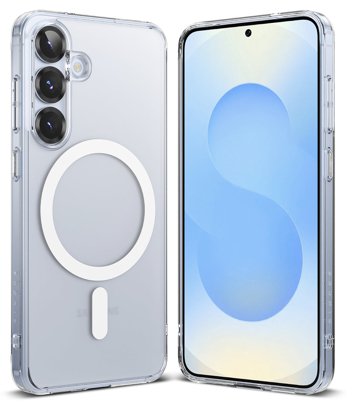 Galaxy S25 Case | Fusion Magnetic Matte - Clear matte phone case with white magnetic ring on back and front screen view.