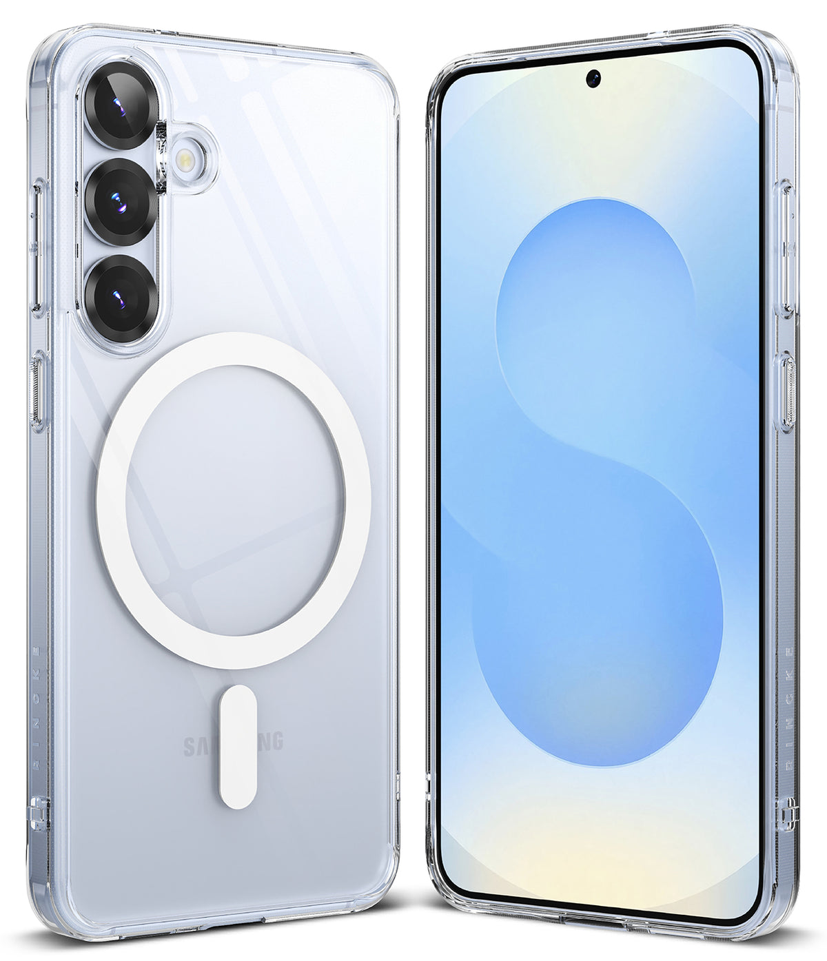 Galaxy S25 Case | Fusion Magnetic - Clear phone case with a white magnetic ring on the back, shown from front and back.