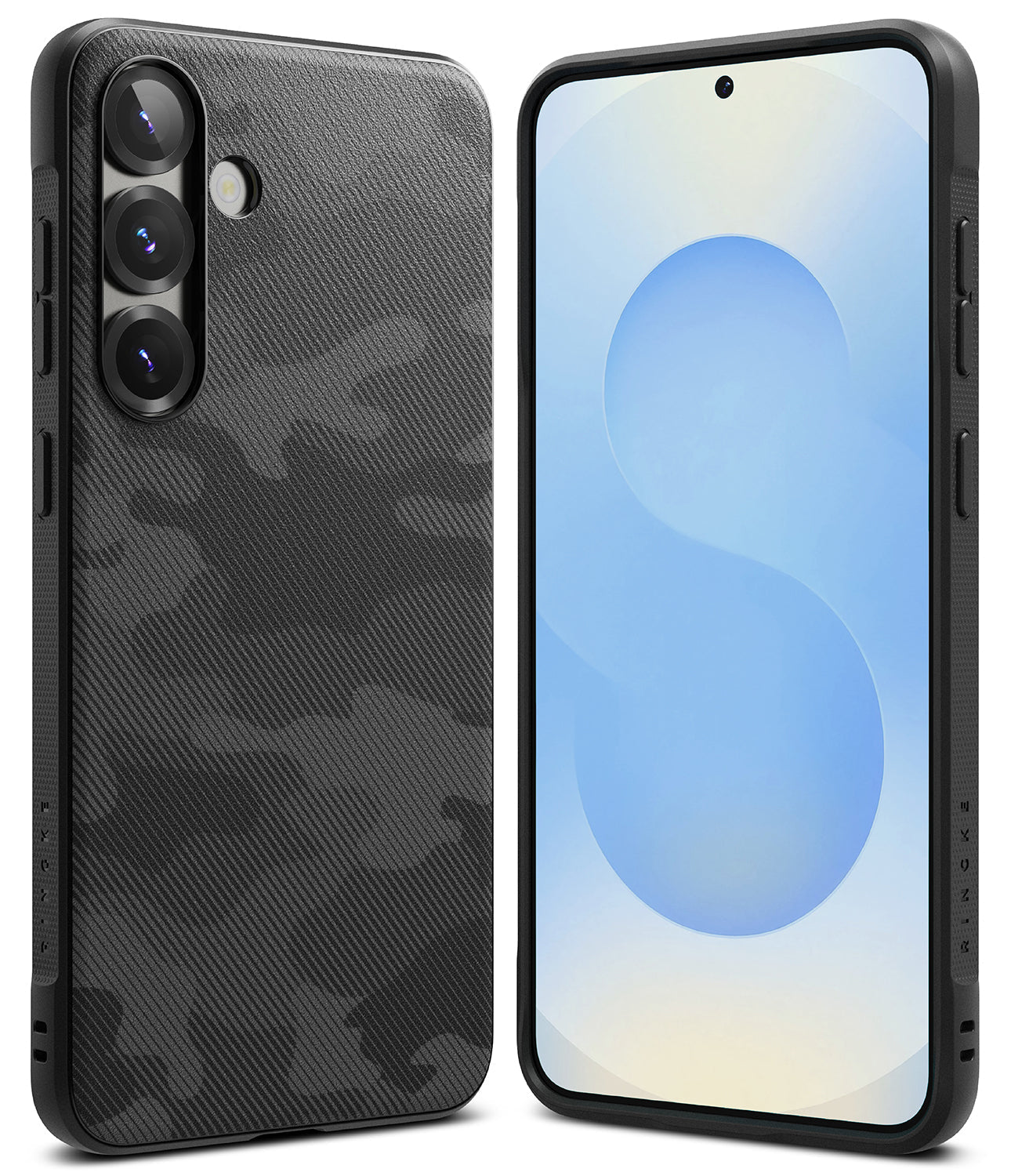Galaxy S25 Case | Onyx - Front and back view of a black textured camouflage phone case on a Galaxy S25.