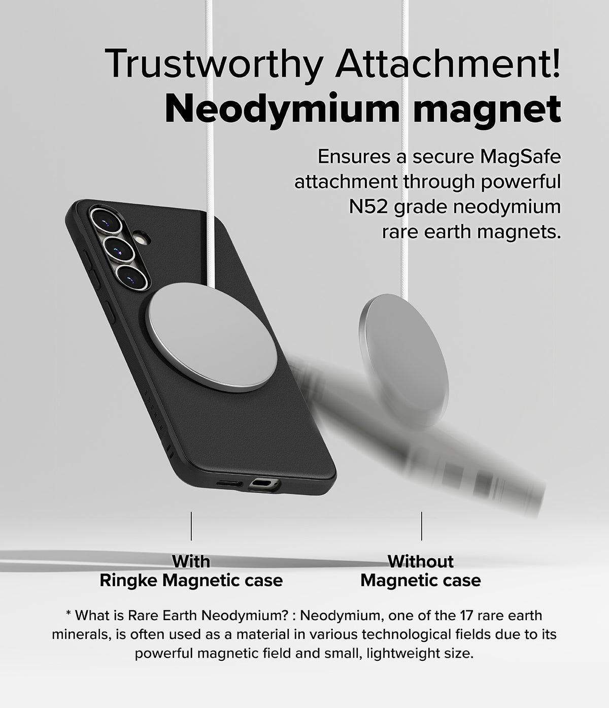 [Bundle] Galaxy S25 | Onyx Magnetic - A magnetic disc attaches securely to a black phone case, while another falls away.