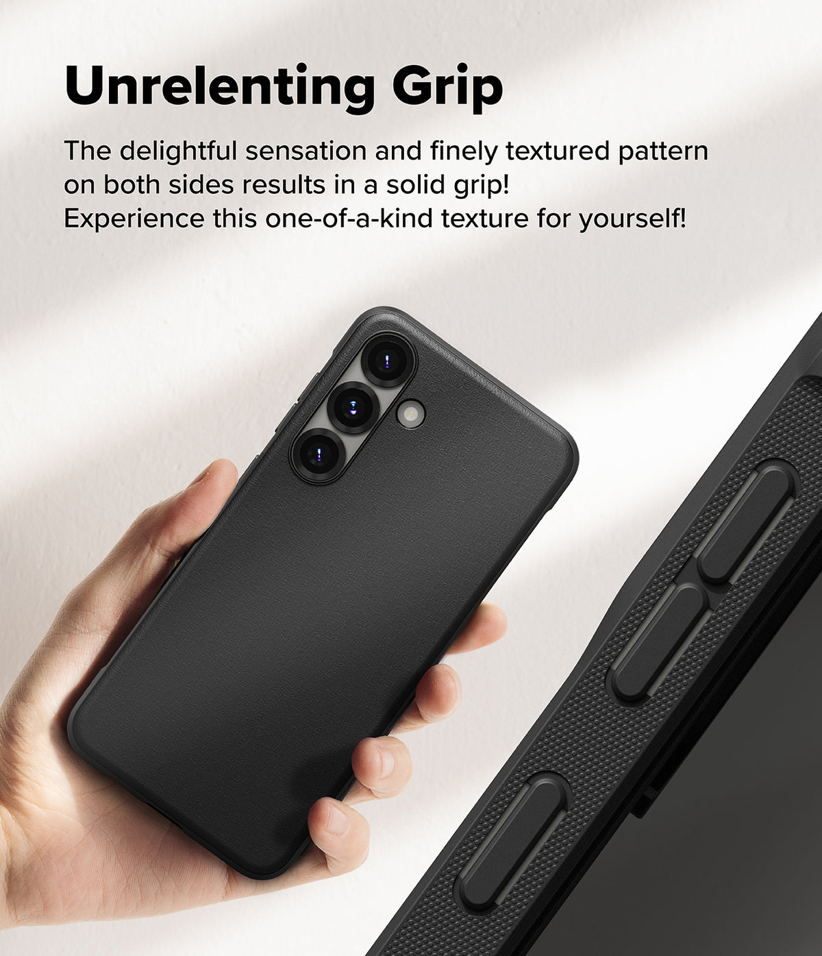 Galaxy S25 Case | Onyx Magnetic - Hand holding a black textured phone case with a close-up of the side grip pattern.