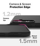 Galaxy S25 Case | Onyx Magnetic - Close-up showing 1.2mm camera lips and 1.5mm raised screen bezel for device protection.