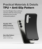 Galaxy S25 Case | Onyx Magnetic - A flexible black TPU phone case being bent, highlighting its non-slip pattern and durability.