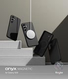 [Bundle] Galaxy S25 | Onyx Magnetic - Four black Onyx phone cases for Galaxy S25 floating above concrete blocks with a magnetic charger.