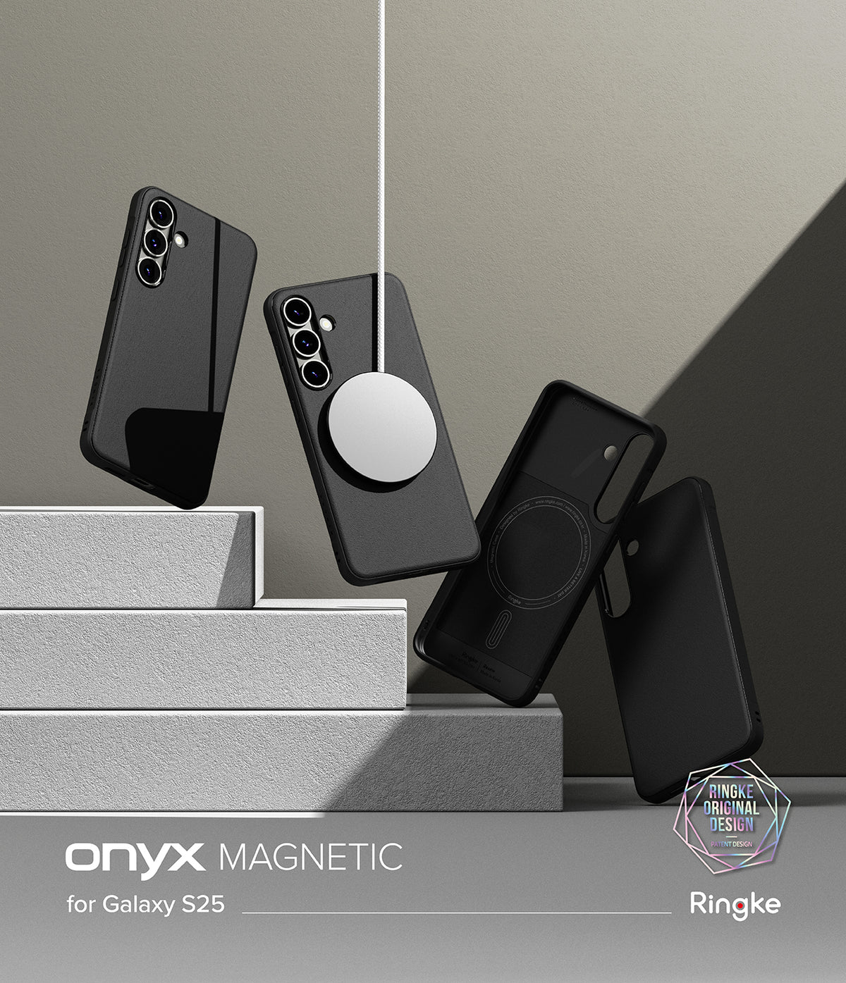 [Bundle] Galaxy S25 | Onyx Magnetic - Galaxy S25 | Onyx Magnetic - Four black Onyx magnetic phone cases for Galaxy S25 floating above grey concrete steps.