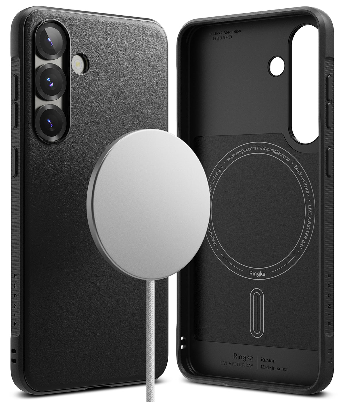 Galaxy S25 Case | Onyx Magnetic - Black textured phone case showing exterior camera cutouts and interior magnetic ring.