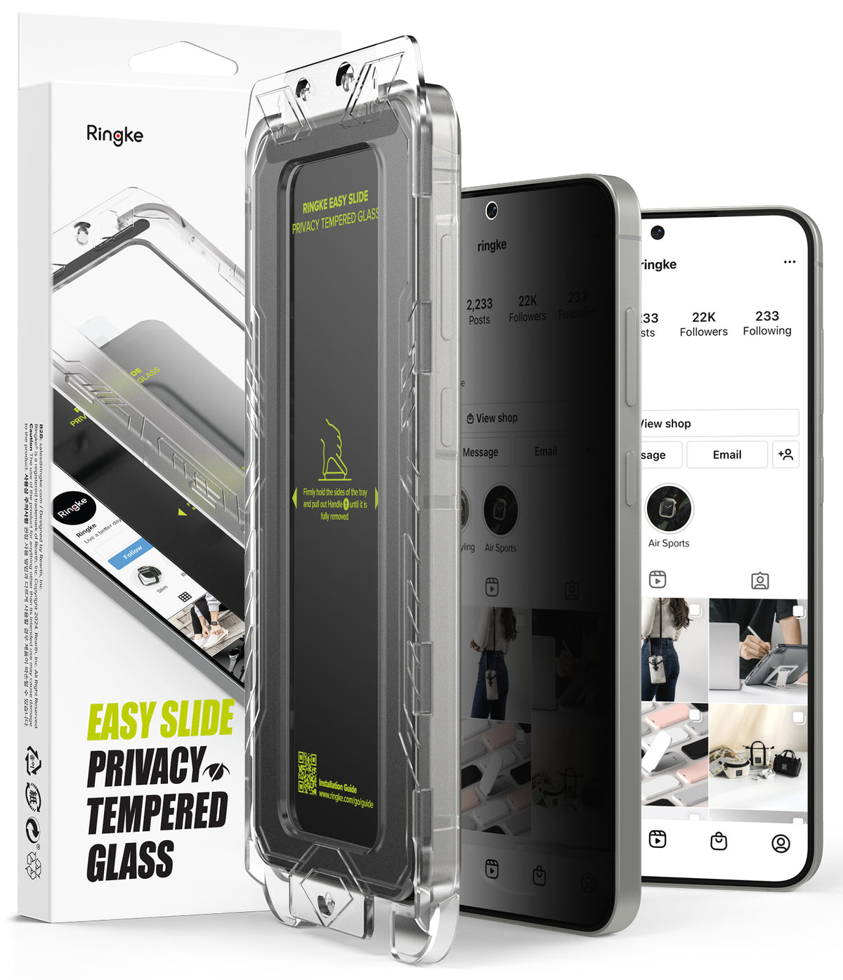 Galaxy S25 Screen Protector | Easy Slide Privacy Tempered Glass - Galaxy S25 Screen Protector - Privacy tempered glass in an installation tray next to a smartphone with a dark screen.