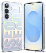 Galaxy S25 Plus Case | Fusion Design - Clear phone case with a pastel gradient "SEOUL" graphic on the back and front screen view.