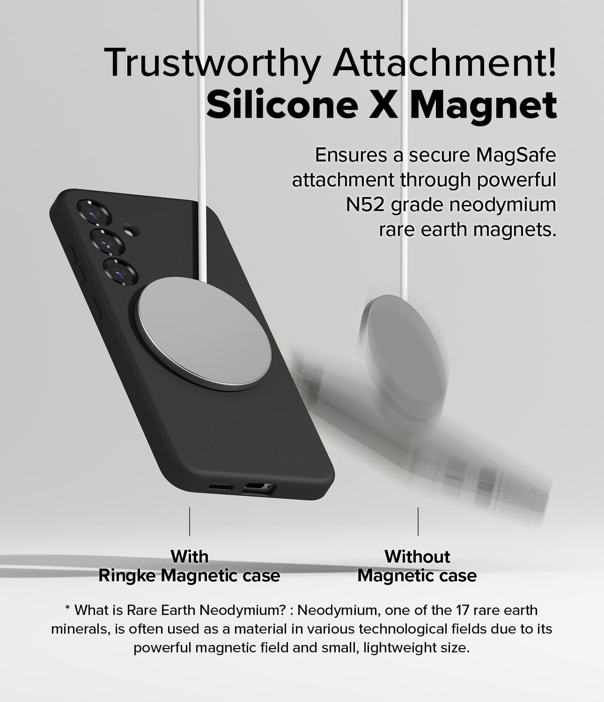 [Bundle] Galaxy S25 | Silicone Magnetic - A black phone case with a magnetic charger attached, contrasted with a falling charger.